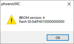 phoenixMC Program Warning Dialog window with a warning from the phoenixMC program, showing BROM version and flash ID.