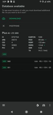 Zrzut ekranu aplikacji pokazujący szczegóły sieci 4G LTE Plus 1800 na urządzeniu mobilnym.
