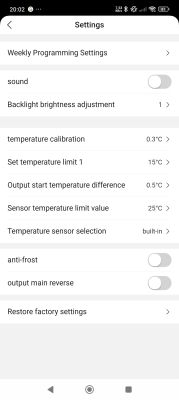Tuya app settings screen with thermostat configuration options