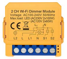 Orange 2-channel Wi-Fi dimmer module with electrical connections.