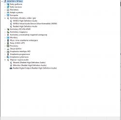 Zrzut ekranu Menedżera urządzeń systemu Windows z widocznymi urządzeniami audio.
