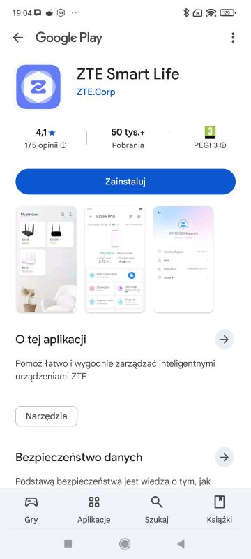 Ekran aplikacji ZTE Smart Life w sklepie Google Play z przyciskiem „Zainstaluj”.