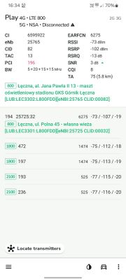 Zrzut ekranu aplikacji diagnostycznej sieci komórkowej pokazujący szczegóły połączenia 4G i 5G.