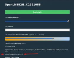 Screenshot of OpenLN882H Interface Screenshot of the OpenLN882H user interface featuring LED brightness/dimmer slider, RGB color, LED temperature slider, internal temperature information, and WiFi signal strength.