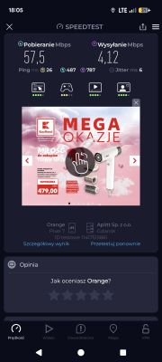 Zrzut ekranu Speedtest: pobieranie 57,5 Mb/s, wysyłanie 4,12 Mb/s, ping 26 ms; reklama Kaufland.