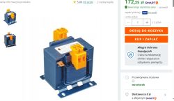 Zrzut ekranu oferty Allegro z transformatorem w niebieskiej obudowie i żółtymi złączami