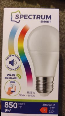 Spectrum Smart LED 9W Bulb Packaging Packaging of Spectrum Smart LED 9W E27 bulb with Wi-Fi and Bluetooth features.