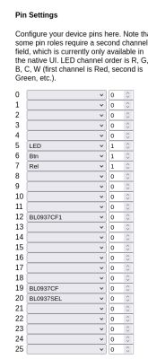 Screenshot of “Pin Settings” showing pins 0–25 with selected roles: LED, Btn, Rel, and BL0937 entries.