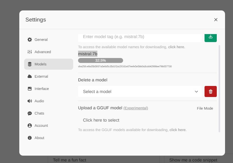 Open-WebUI Settings Panel with Model Download Screenshot of the Open-WebUI settings panel with the mistral:7b model being downloaded.