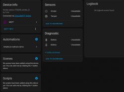 Configuration screen for a TuYa smoke sensor showing device info, sensor unavailability, and no logbook events.