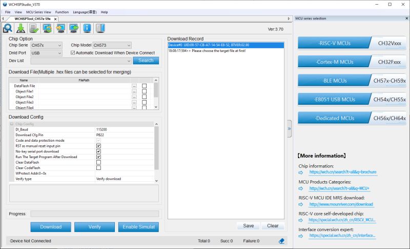 Screenshot of WCHISPStudio_V370 software showing connected CH573 device and chip configuration details.
