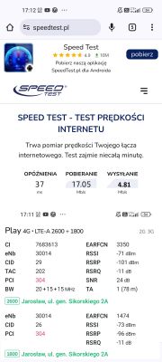 Zrzut ekranu z wynikami testu szybkości internetu w aplikacji Speed Test.