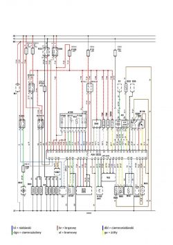 Schemat elektryczny zawierający połączenia przewodów z oznaczeniami kolorystycznymi.