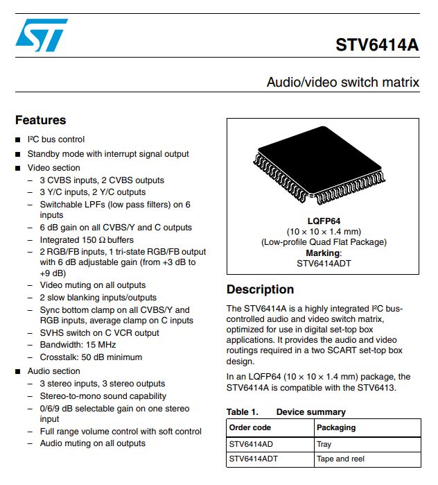 STV6414A datasheet fragment showing features of the audio/video switch matrix