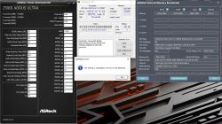 Panel z konfiguracją timingów pamięci ASRock, wyniki testu TestMem5 oraz benchmark AIDA64 dla płyty głównej Z590I AORUS ULTRA i procesora Intel i7-11700KF.