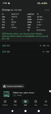 Zrzut ekranu z aplikacji pokazującej parametry sieci Orange 4G LTE 2100 i dane sygnału