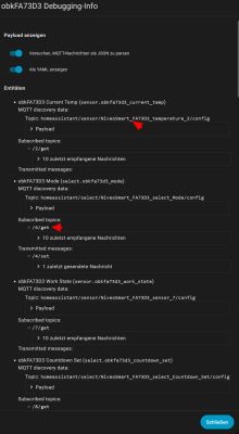 Screenshot of “obkFA73D3 Debugging-Info” showing Home Assistant entities and MQTT discovery topics
