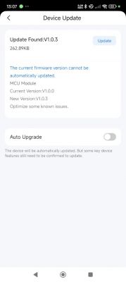 Device software update screen with information about the new version 1.0.3.