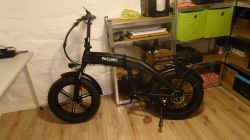 Elektryczny fatbike z grubymi oponami 20 cali, czarny rower marki Pasebike stoi w pomieszczeniu na drewnianej podłodze.
