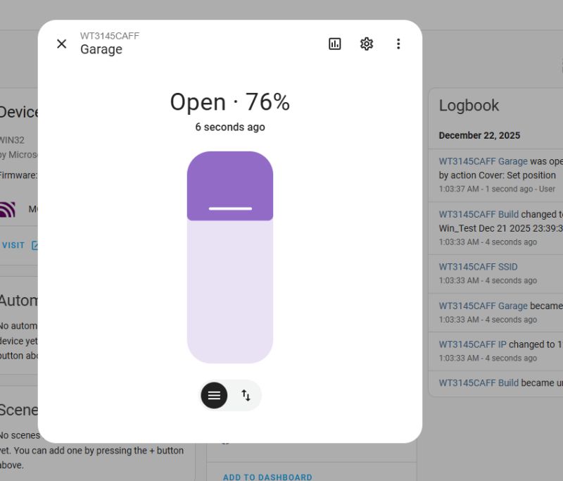 App interface showing garage WT3145CAFF is open at 76%