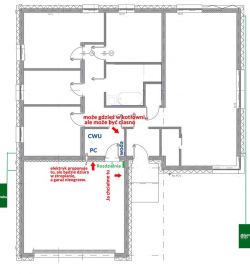Plan domu z zaznaczonym miejscem na rozdzielnię elektryczną i szafkę multimedialną.
