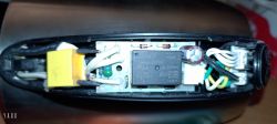 Close-up of electrical components inside a Hoffek AK3502 kettle.