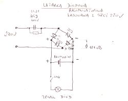 Hand-drawn circuit diagram of an LED flashlight charged from 220 V mains, with capacitor and bridge rectifier.