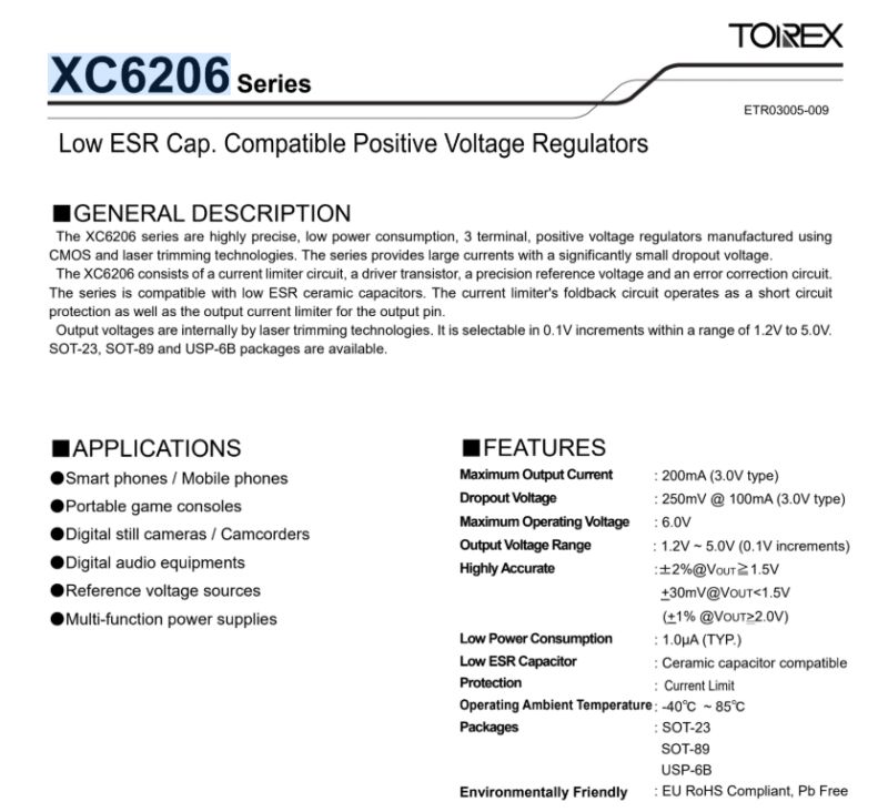 Extract of Torex XC6206 voltage regulator datasheet