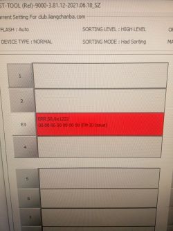 Screenshot of device configuration software showing error ERR S0.0x1222.