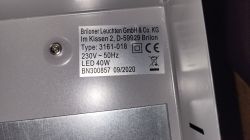 Nameplate of LED lamp with technical data.