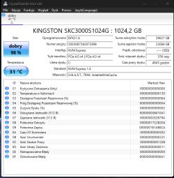 Zrzut ekranu programu CrystalDiskInfo pokazujący stan dysku SSD Kingston KC3000 1 TB, temperatura 31°C, stan dobry 98%.