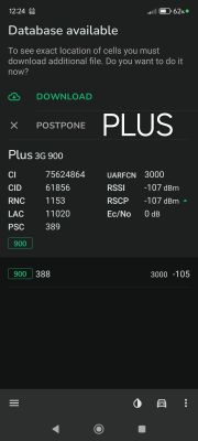Ekran aplikacji pokazujący parametry sieci Plus 3G 900 MHz z siłą sygnału RSSI -107 dBm.