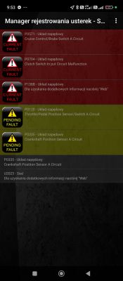 Zrzut ekranu aplikacji diagnostycznej pokazujący błędy OBD2.