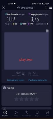 Zrzut ekranu z aplikacji Speedtest pokazujący wyniki testu prędkości internetu Play: pobieranie 10,9 Mb/s, wysyłanie 3,75 Mb/s, ping 25 ms.