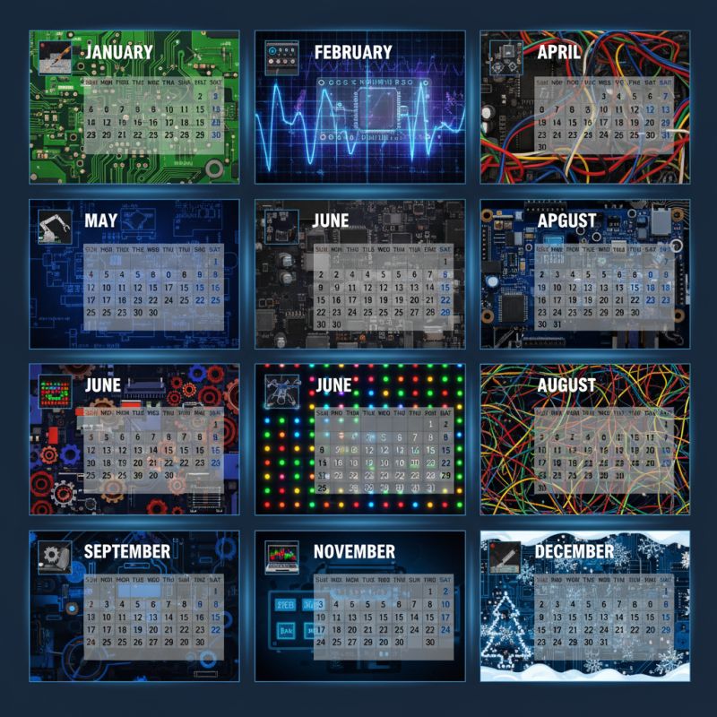 Illustrated 2026 calendar in DIY electronics theme, 3×4 layout with circuit motifs