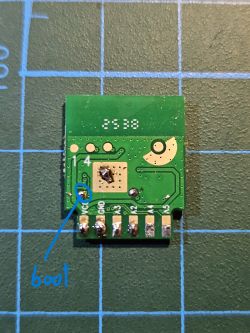 Electronic module PCB with labeled boot pin and other pin labels