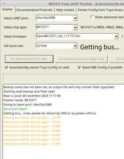 Screenshot of BK7231 Easy UART Flasher program displaying connection error messages.