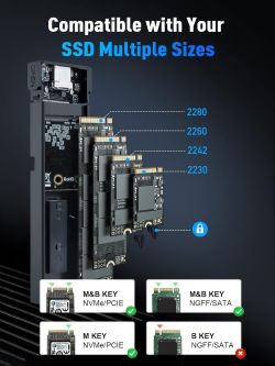 Grafika adaptera do SSD M.2 z obsługą rozmiarów 2230–2280 oraz kluczy M i M+B.