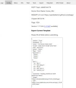 Screenshot from the OpenBeken web app with a device configuration template.