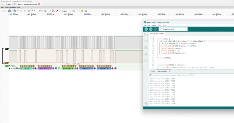 I2C Communication Analysis with ADS1115 and Code in Arduino IDE Screenshot from PulseView software showing I2C communication with ADS1115 module and view of code in Arduino IDE.