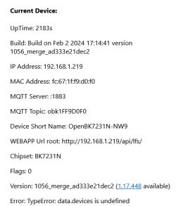 Screenshot displaying information about the current device, including IP address, MAC address, and a TypeError.