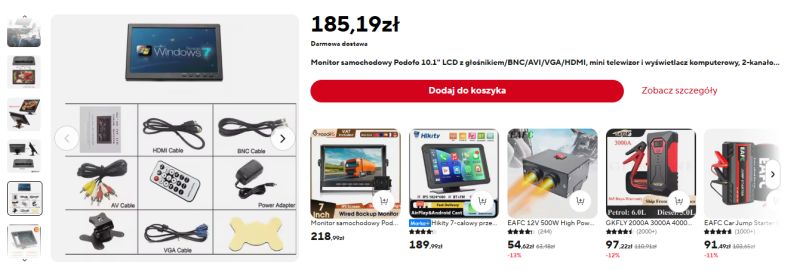 Screenshot of a Podof0 10.1-inch monitor listing with price 185.19 zł and accessory photos