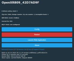 Screenshot of the OpenXR809 status page with system details and buttons: Config, Restart, Launch Web Application, About