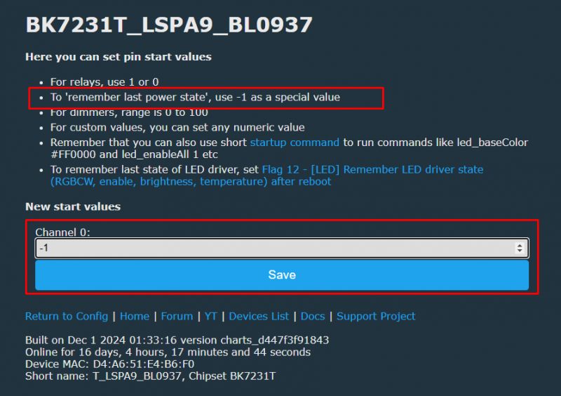 User interface displaying start settings for device BK7231T_LSPA9_BL0937, with channel 0 set to -1.