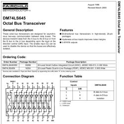 Fairchild DM74LS645 datasheet page with function table and pin connection diagram