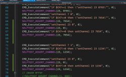 Source code in a text editor showing various test commands and conditional statements in a programming language.