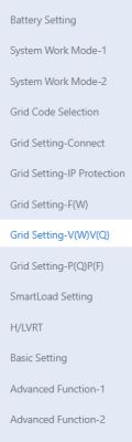 Lista opcji menu ustawień falownika z wyróżnioną sekcją Grid Setting-(V(W)V(Q)).