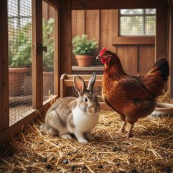 Rabbit and chicken standing together on straw in a wooden cage