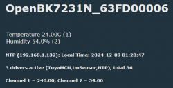 Screenshot showing temperature and humidity data and the status of OpenBK7231N drivers.