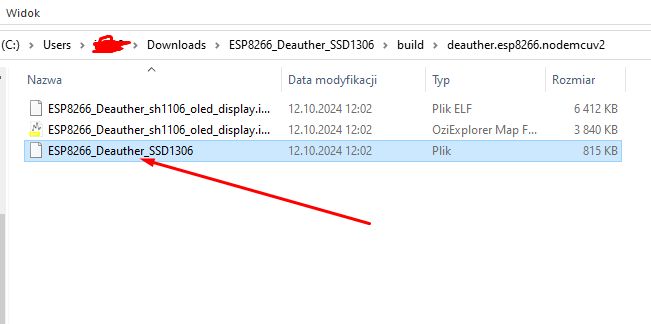 Zrzut Eksploratora plików Windows z folderem build i plikiem ESP8266_Deauther_SSD1306 zaznaczonym strzałką